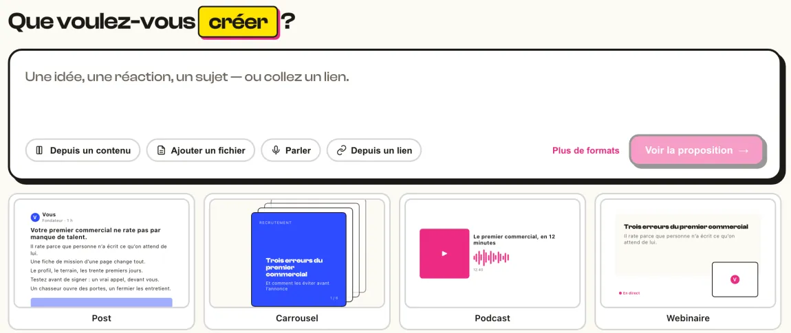 Créer : le champ du sujet et les quatre formats à choisir, Post, Carrousel, Podcast, Webinaire.