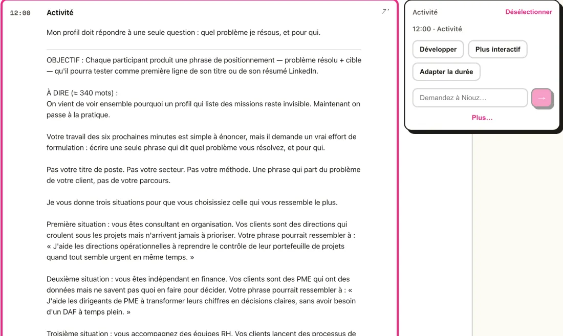 Un segment de webinaire dans niouz : l'activité, son objectif, le texte à dire et la consigne pour le chat, avec Assist à côté.