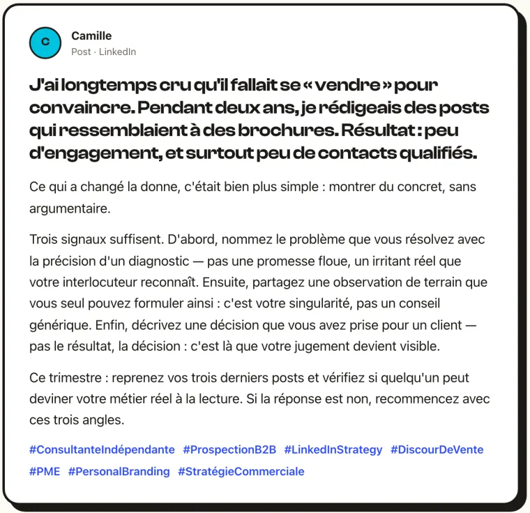 Un post LinkedIn écrit par niouz dans la voix d'une consultante : « J'ai longtemps cru qu'il fallait se vendre pour convaincre. »