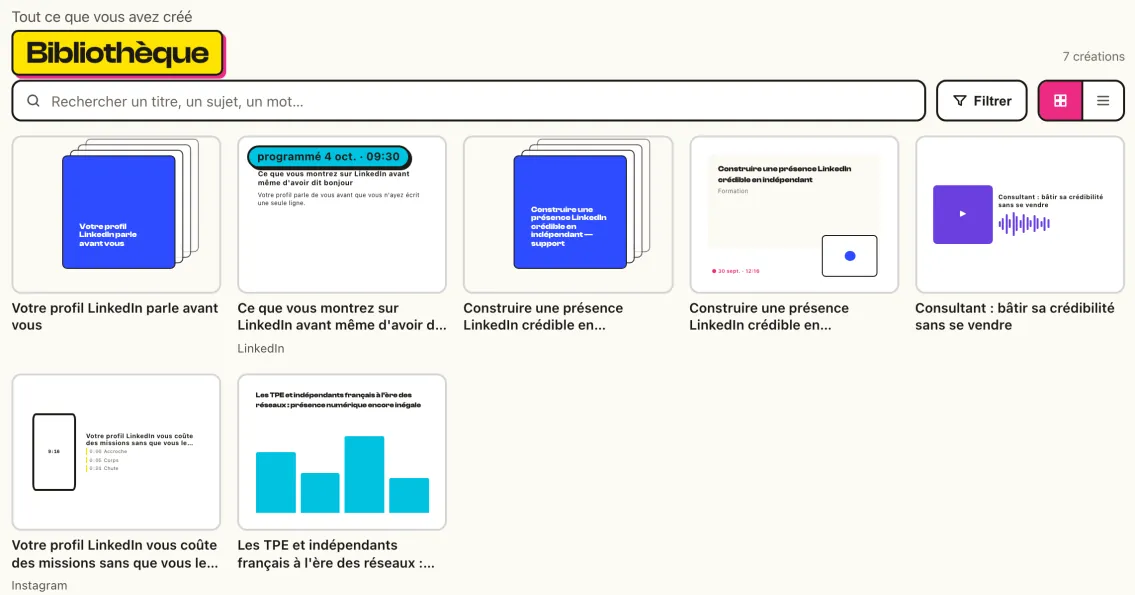 La Bibliothèque de niouz : sept créations de formats différents — carrousels, post programmé, webinaire, podcast, script de reel, infographie.